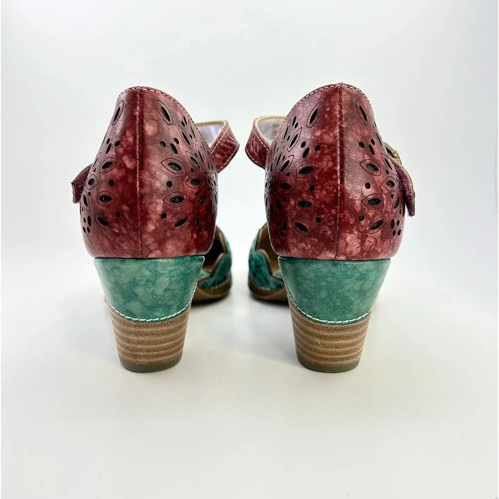 L'Artiste Spring Step Parchetta Blum Blue Multi Leather Heels Shoes 38 US 7.5-8